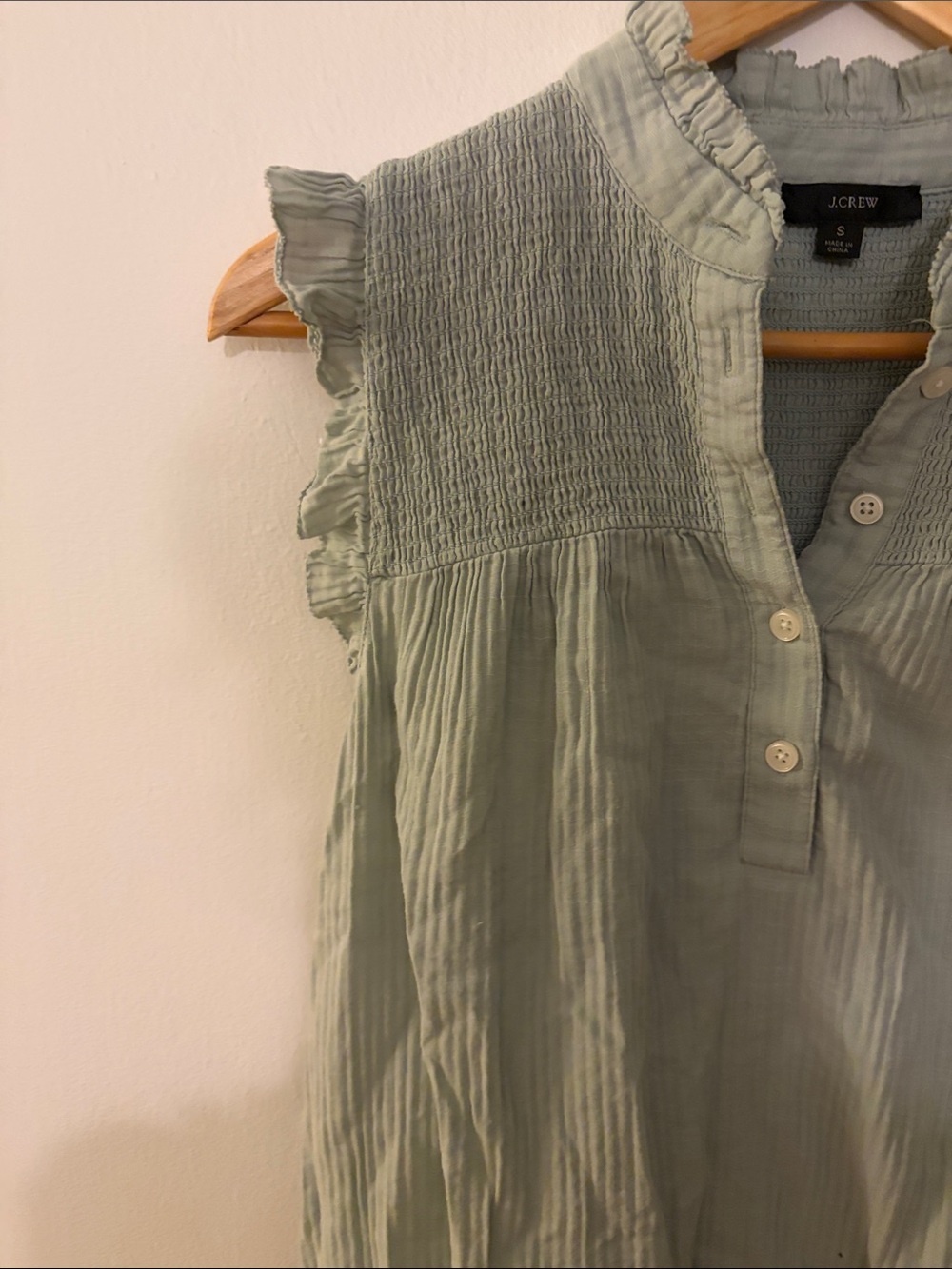 J. Crew Sage Green Smocked Cap-Sleeve Button Front Top - Picture 3 of 8